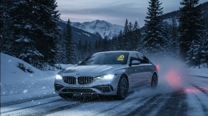 Сірий седан BMW їде засніженою гірською дорогою взимку, з увімкненими фарами серед хвойного лісу.