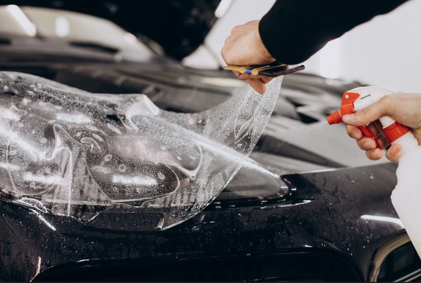 Майстер наклеює захисну плівку на фару автомобіля, розпилюючи воду з пульверизатора