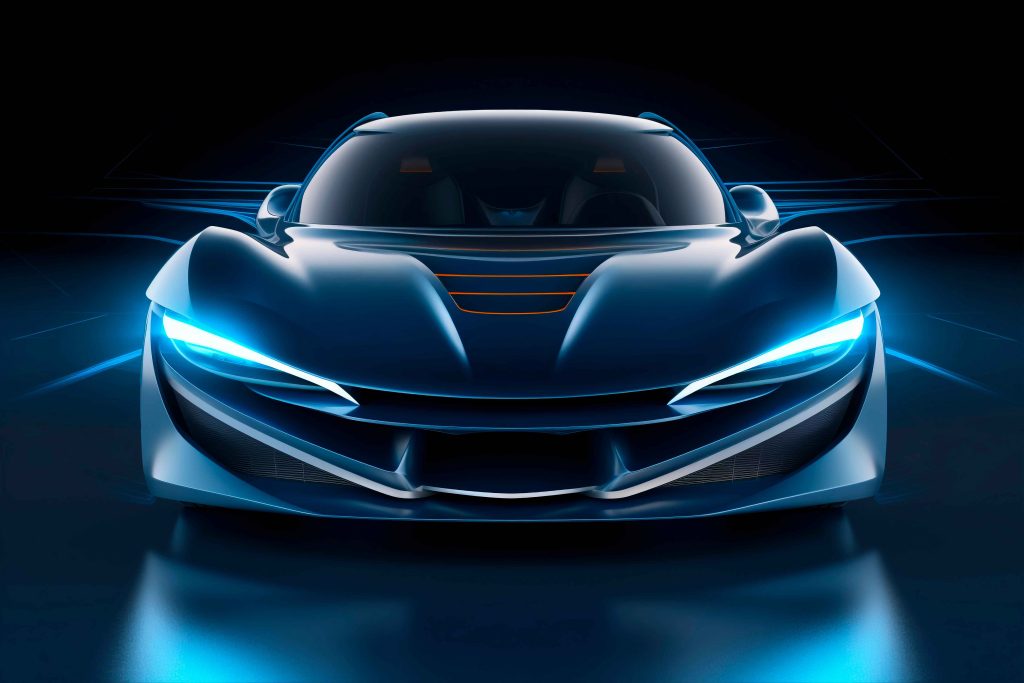 Футуристичний спортивний автомобіль із яскравими неоновими фарами на темному фоні