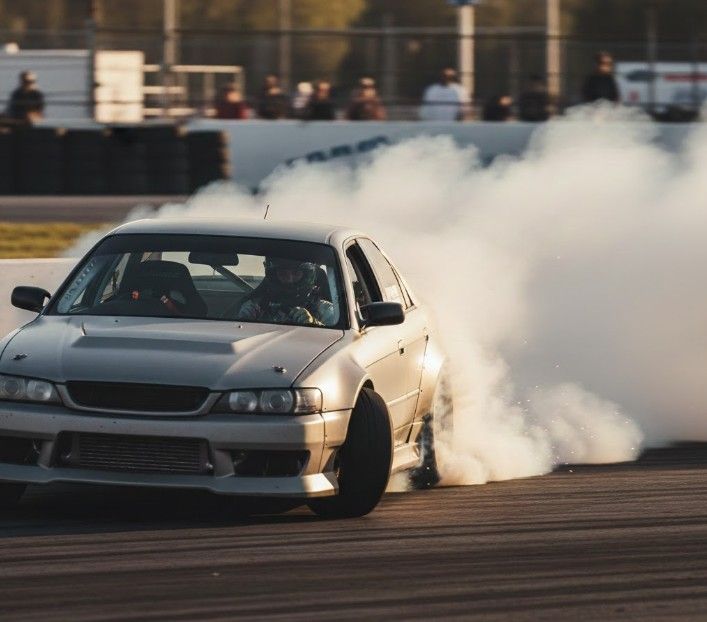 Сірий спортивний автомобіль дрифтить на трасі, залишаючи за собою клуби диму, водій у шоломі контролює занос.