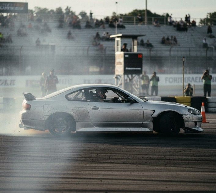 Срібний спортивний автомобіль дрифтує на треку, утворюючи клуби диму, на фоні трибун із глядачами та фотографами