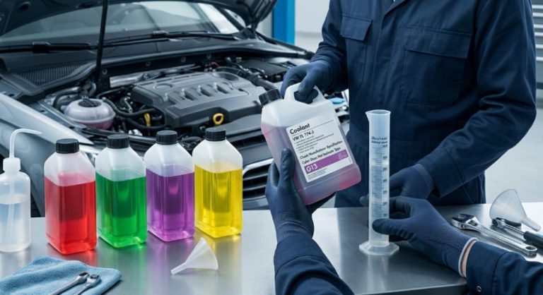 Автомеханік перевіряє маркування специфікації охолоджувальної рідини на тлі антифризів.