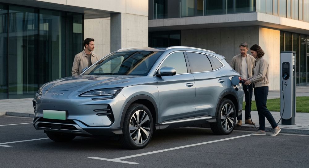 Електромобіль BYD заряджається біля офісної будівлі.