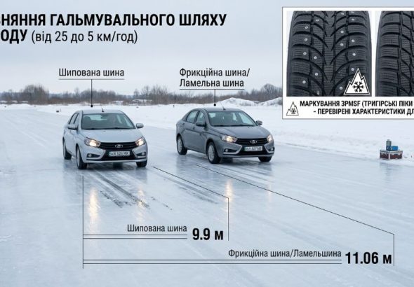 Порівняння гальмівного шляху шипованих та фрикційних шин на льоду.