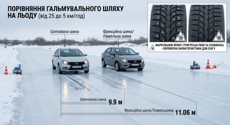Порівняння гальмівного шляху шипованих та фрикційних шин на льоду.