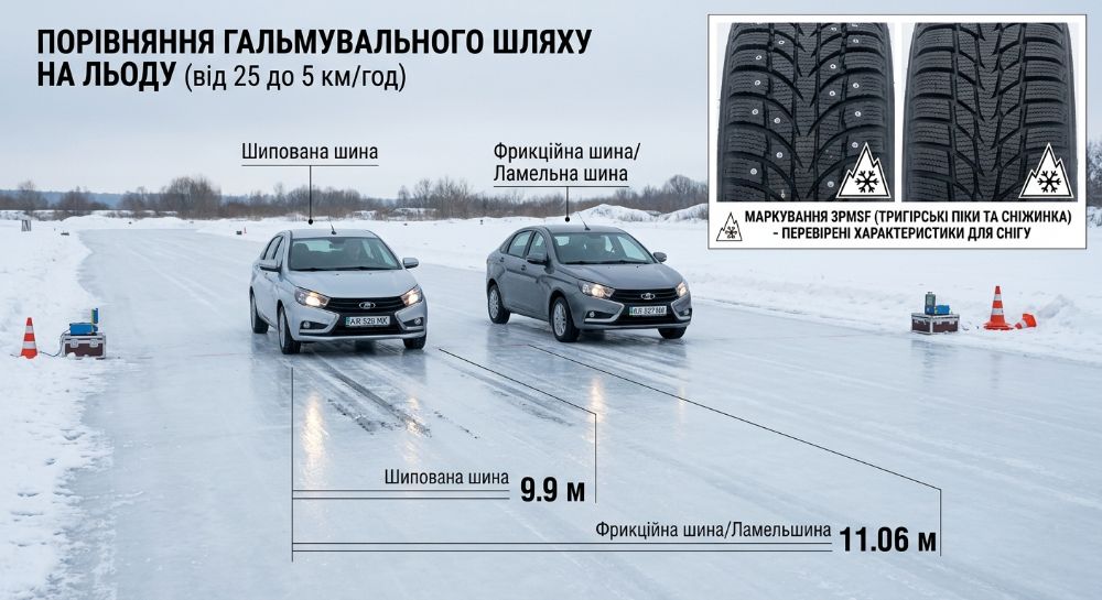 Порівняння гальмівного шляху шипованих та фрикційних шин на льоду.