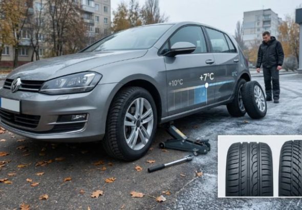 Процес заміни шин на автомобілі при температурі +7°C восени.