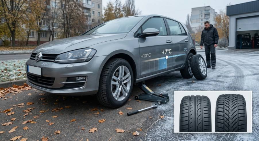 Процес заміни шин на автомобілі при температурі +7°C восени.