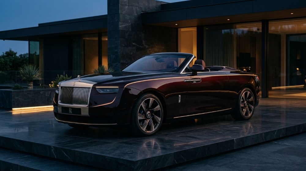 Розкішний темно-бордовий родстер Rolls-Royce на терасі сучасної вілли.