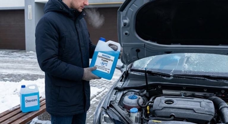 Водій перевіряє склад омивача скла автомобіля взимку на вулиці.